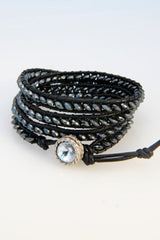 Black Leather and Hematite Wrap Bracelet